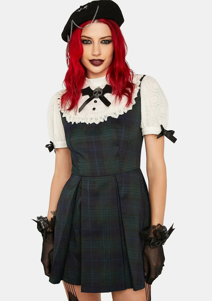 DARK IN LOVE Skull Puff Sleeve Plaid Mini Dress