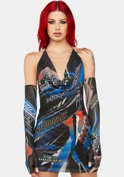 Namilia Blue Racing Mesh Drape Dress