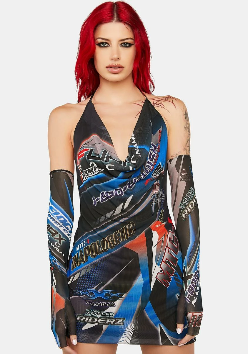 Namilia Blue Racing Mesh Drape Dress