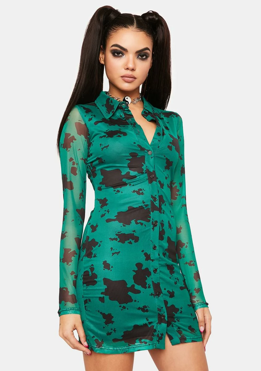 Pretty Garbage Cow Print Mesh Shirt Dress - Image 2