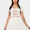 DARK IN LOVE White Lace Heart Pink Bow Silky Dress