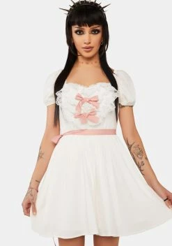 DARK IN LOVE White Lace Heart Pink Bow Silky Dress