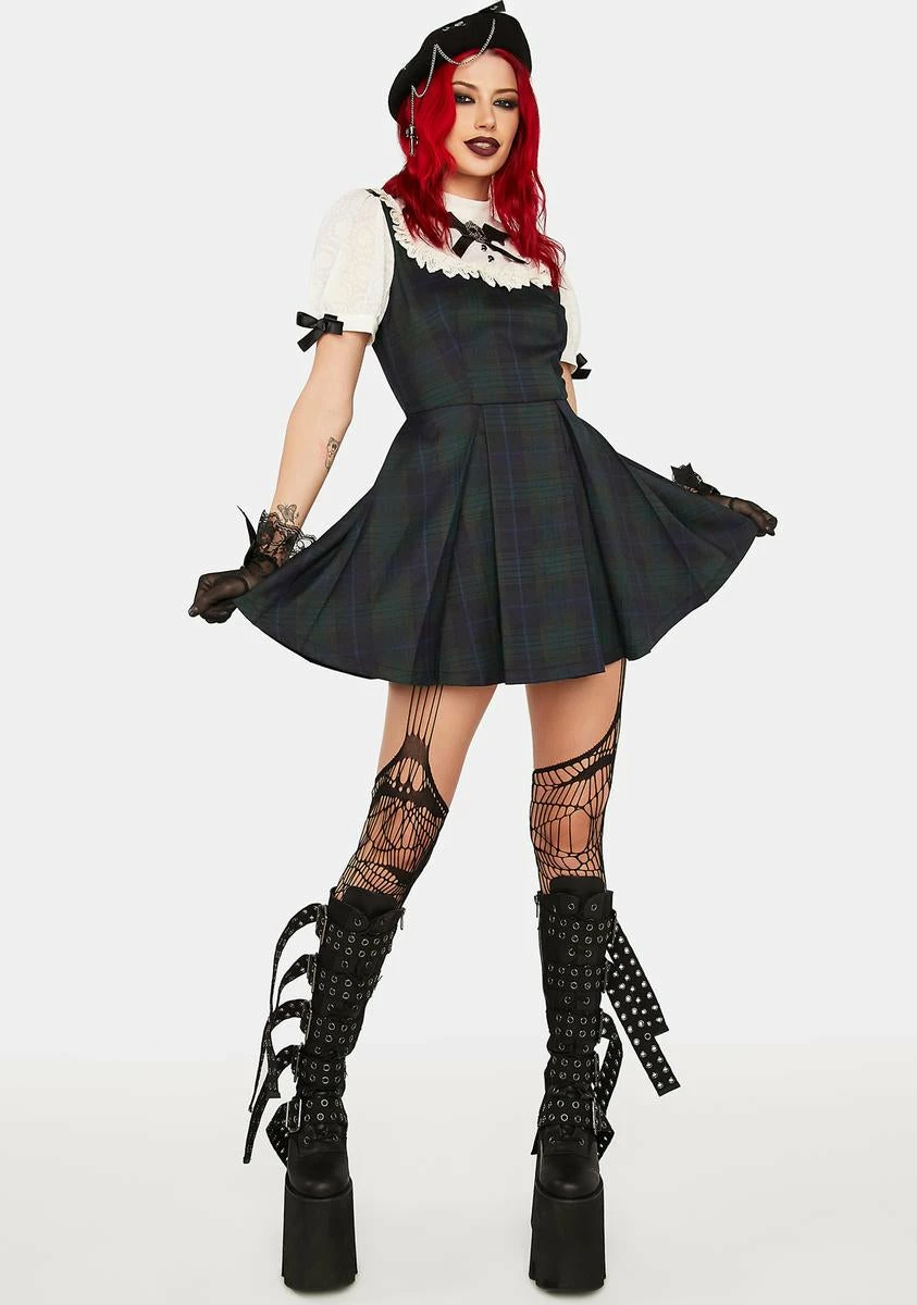 DARK IN LOVE Skull Puff Sleeve Plaid Mini Dress - Image 3