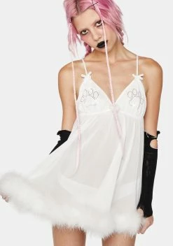 No Dress White Dog Paws Ostrich Fur Slip Dress