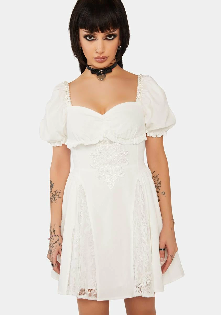 DARK IN LOVE White Angel Embroidered Puff Sleeve Dress