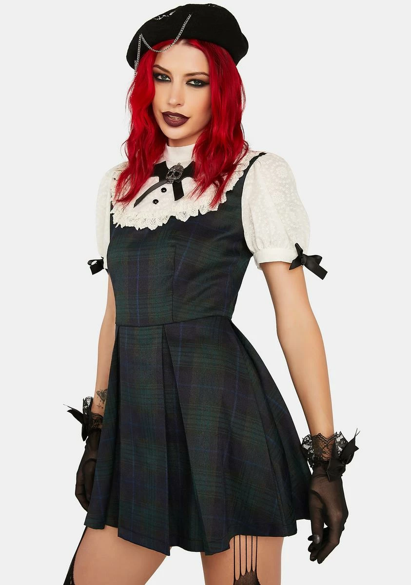 DARK IN LOVE Skull Puff Sleeve Plaid Mini Dress - Image 2