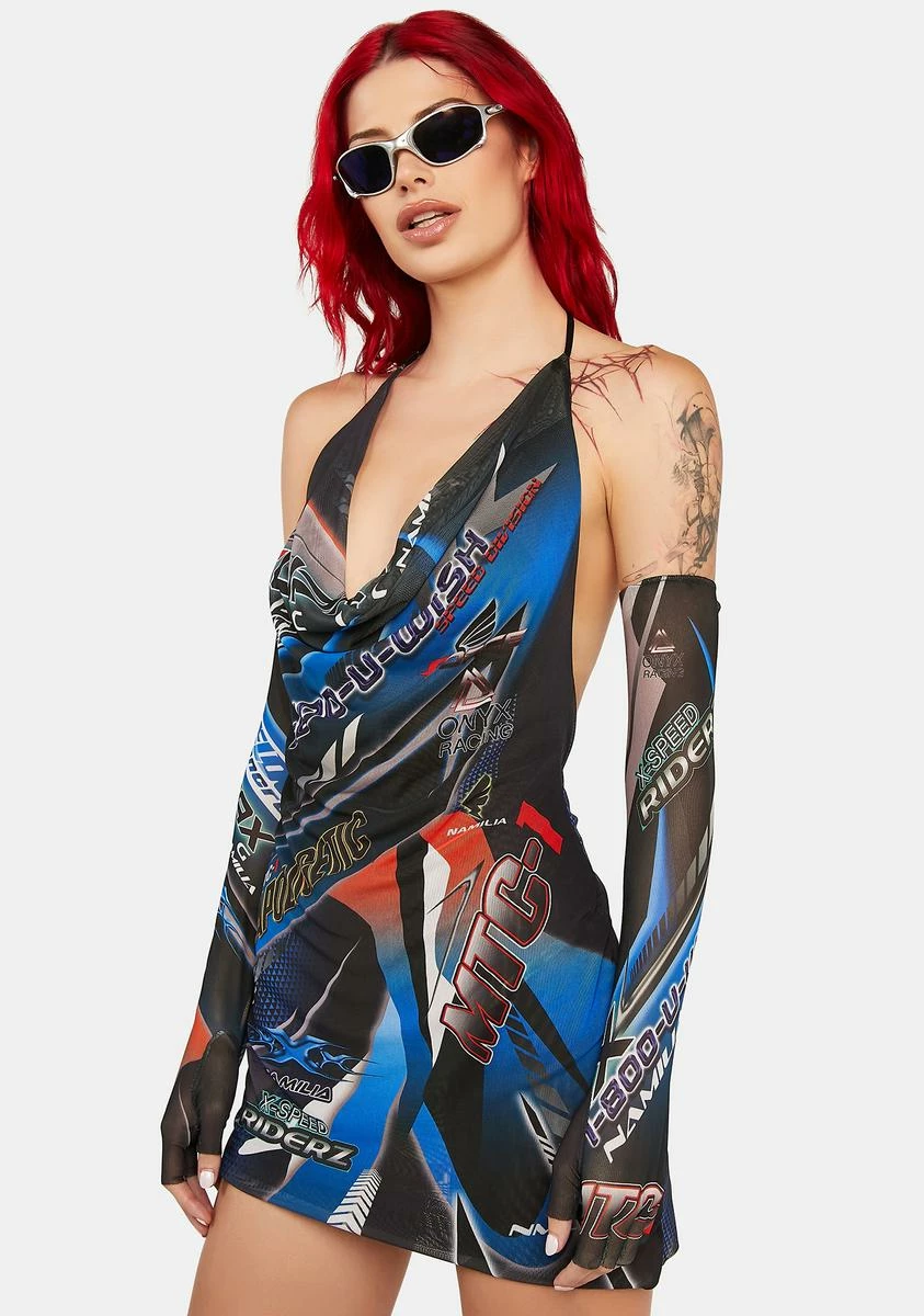 Namilia Blue Racing Mesh Drape Dress - Image 2