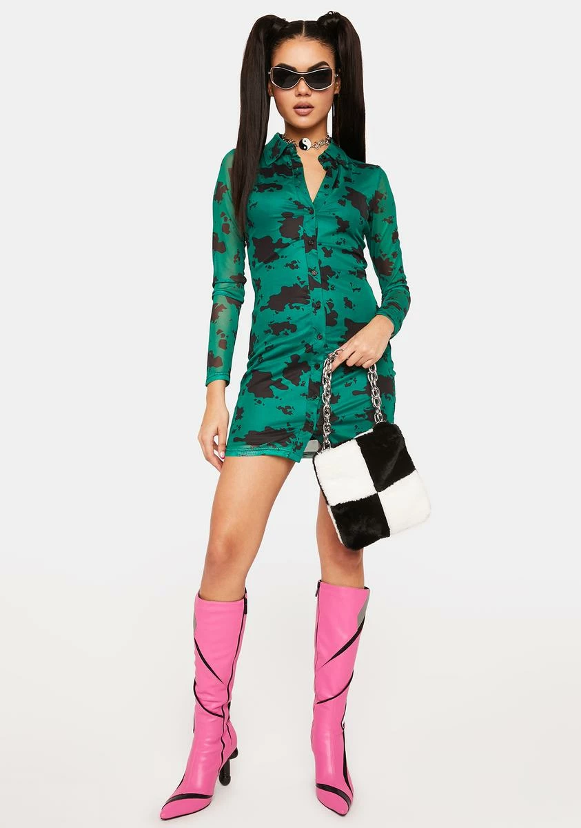 Pretty Garbage Cow Print Mesh Shirt Dress - Image 3