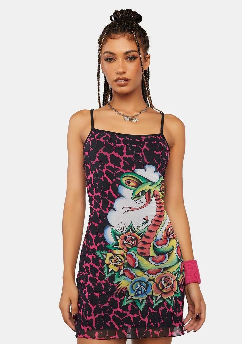 Ed Hardy X Dolls Kill Rose Cobra Mesh Slip Dress