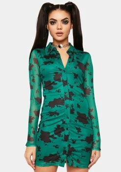Pretty Garbage Cow Print Mesh Shirt Dress