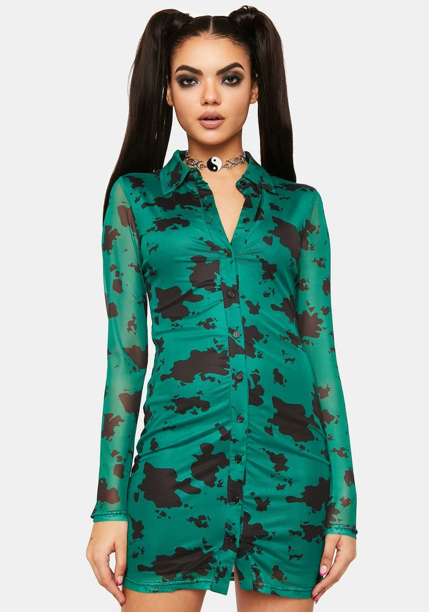 Pretty Garbage Cow Print Mesh Shirt Dress