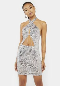 X_Hot & Delicious Chrome Hit The Club Sequin Halter Dress