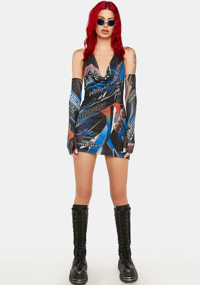 Namilia Blue Racing Mesh Drape Dress - Image 3