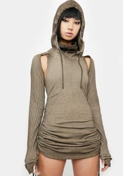 DARKER WAVS Atmosphere Ribbed Cold Shoulder Hooded Dress