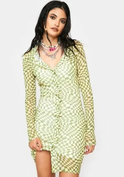 Daisy Street Long Sleeve Mesh Checkered Dress