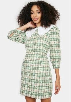Glamorous Green Tweed Collar Dress