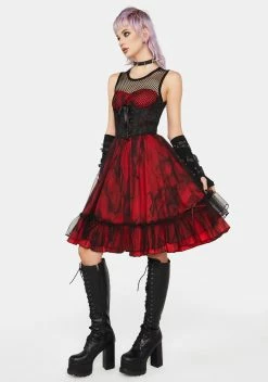 PUNK RAVE Black And Red Dark Mesh Spliced Woven Dress