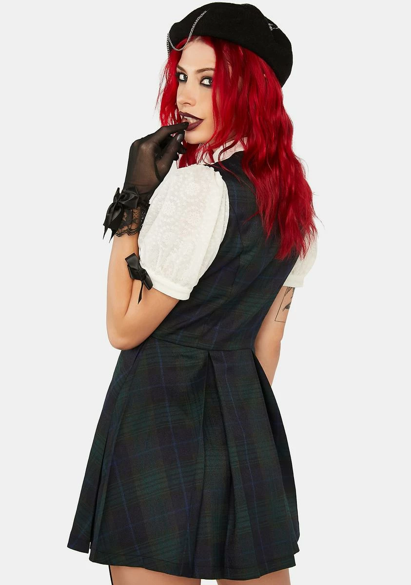DARK IN LOVE Skull Puff Sleeve Plaid Mini Dress - Image 4